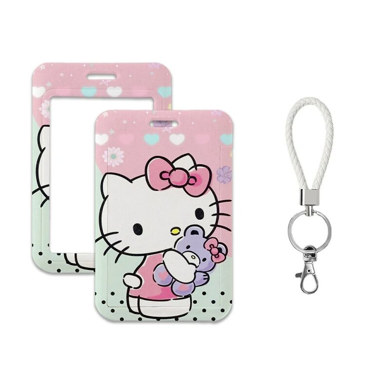 W Sanrio-portatarjetas de dibujos animados, funda protectora de Hello Kitty, cuerda colgante para el cuello, cordón de PVC, cubierta para tarjeta de identificación