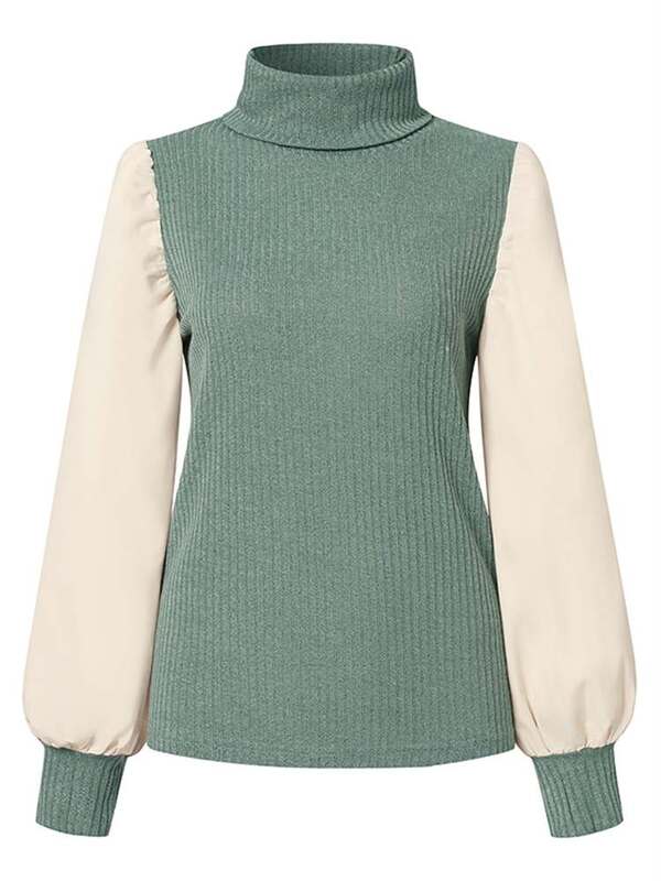 ZANZEA Pullover bergaris wanita, atasan sweter Turtleneck modis rajut blok warna perca lengan Puff, Pullover Ribbed, untuk wanita