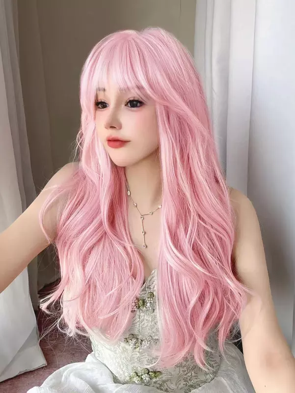 30 Cal ładny różowy syntetyczna peruki z grzywką peruka z długim naturalne kręcone włosy dla kobiet codziennie używa Cosplay Drag Queen żaroodporna