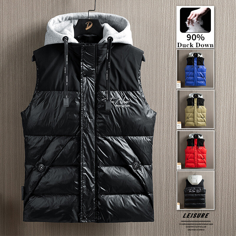 Winter Hooded Down Vests Men Patchwork 90% Duck Down Vests Solid Warm Sleeveless Waistcoat Homme Casual Parkas Men Clothing