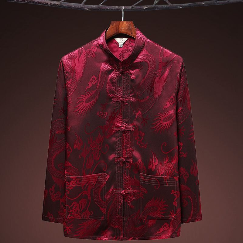 รูปแบบมังกรจีน Retro ชุดจีน Kung Fu Tai Chi เสื้อผ้าผู้ชาย Hanfu Fu Cheongsam กับกระเป๋าเสื้อเสื้อยืด