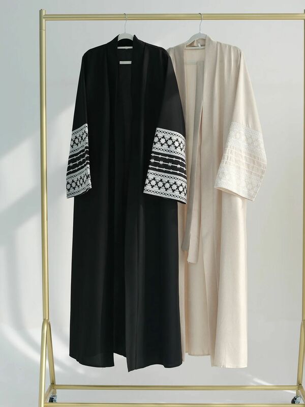 Kimono bordir mode jubah Muslim ukuran besar Syari pakaian luar Muslim panjang penuh untuk wanita Abaya layanan ibadah dengan sabuk wyprei