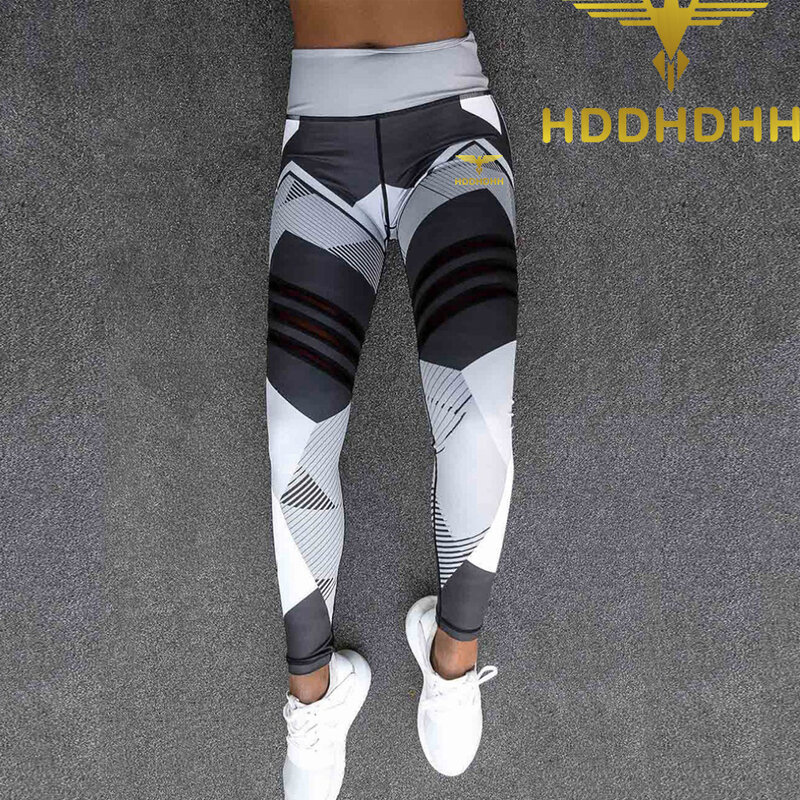 Hddhdhh Merk Afdrukken 3d Geometrisch Patroon Print Yogabroek Vrouwen Hoge Taille Sexy Butt Lifting Fitness Broek Skinny Leggings