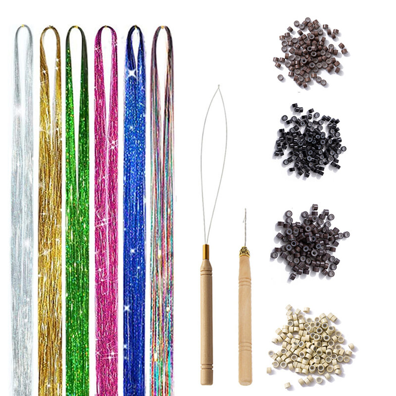 Cabelo Tinsel Kit com ferramenta, extensões de cabelo, brilhante espumante, 1200 fios, 12 cores, 48"
