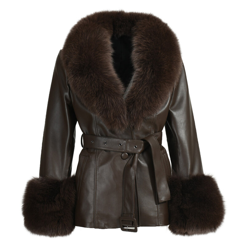 Jaxmonoy 2022 Women's Genuine Leather Long Trench Coat Ladies Autumn Winter Plus Size Sheepskin With Real Fox Fur Collar Outwear