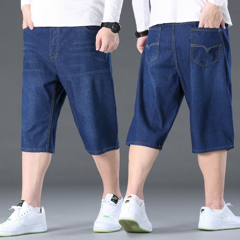 Plus Size 48 50 150KG Denim Short Jeans Men Casual Thin Fashion Summer Pants Elastic Loose Straight Big Large Size 5XL 6XL 7XL