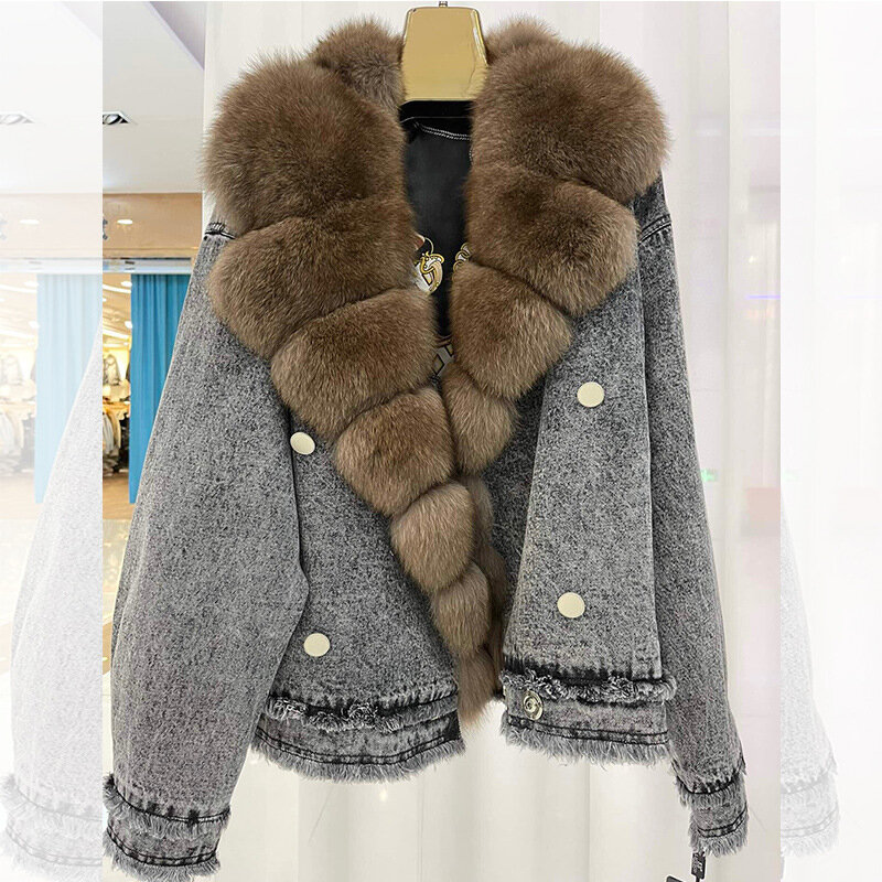 Manteau en fourrure de renard véritable pour femme, veste en jean, col, H2, nouveau, 2023