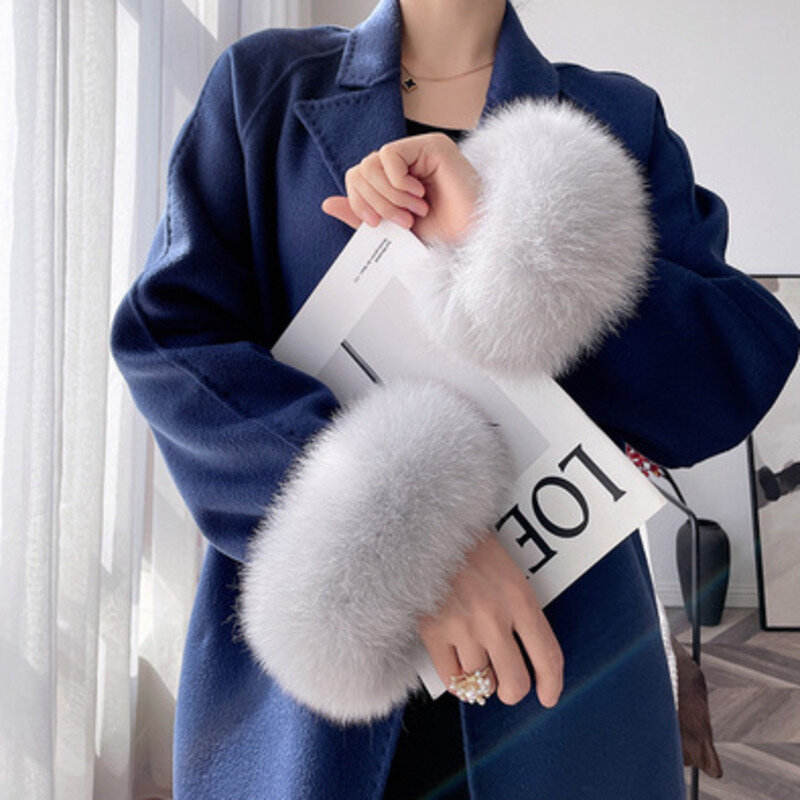 Hot Sale Winter Warm Women Arm Warmer Real Fox Fur Cuffs Warmer  Lady Bracelet Fur Wristband Glove Plush Wrist Protector Winter