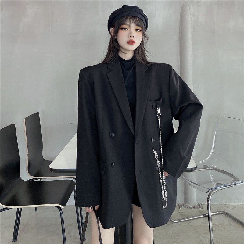 Blazer solto de peito duplo para mulheres, rua coreana, terno de manga comprida, gola preta entalhada, outerwear feminino, moda, 2023