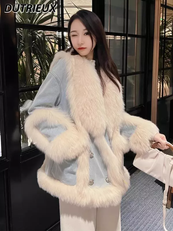 Denim Faux Fur Splicing Coat Women's Environmental Protection Imitation Fox Fur Winter Western Style High-End Mid-Length Clothes