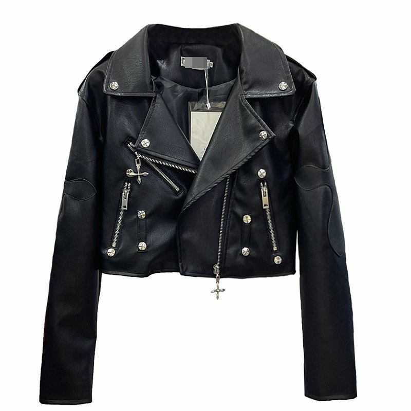 Jaqueta curta de motocicleta feminina, casaco de couro, top punk fashion, novo, primavera e outono, 2024