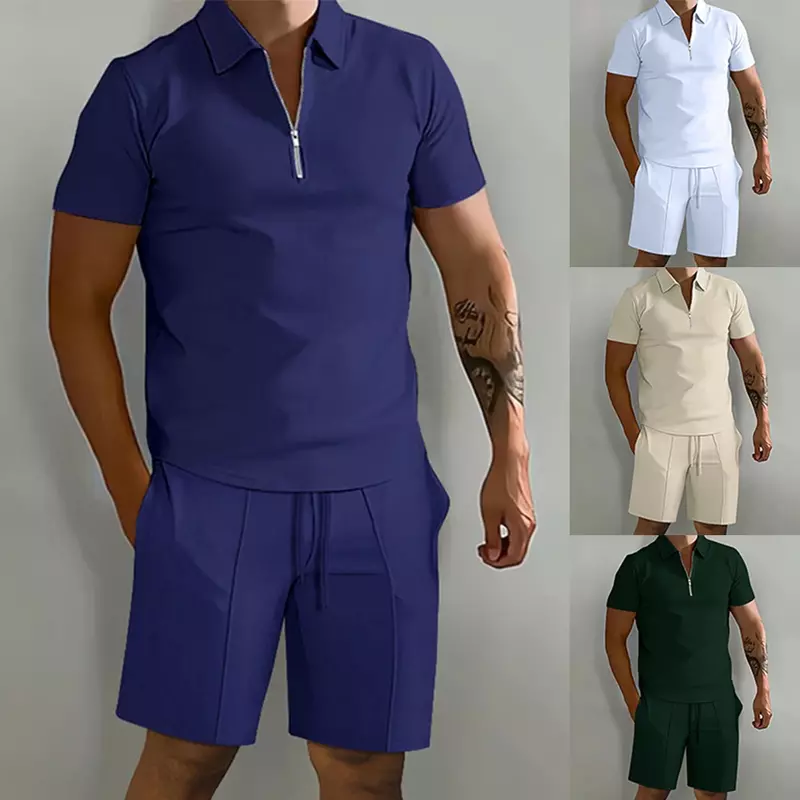 Chándal informal de Color sólido para hombre, conjunto deportivo de 2 piezas, camiseta Polo de manga corta y pantalones cortos deportivos, moda de verano