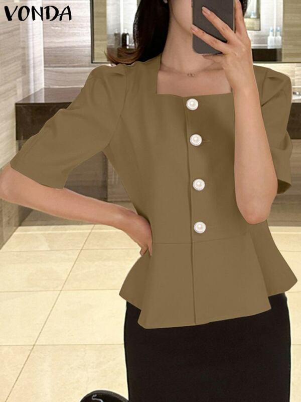 Vonda-女性用単色ブラウス,半袖シャツ,カジュアルトップス,スクエアカラー,エレガントなファッション,夏,2022