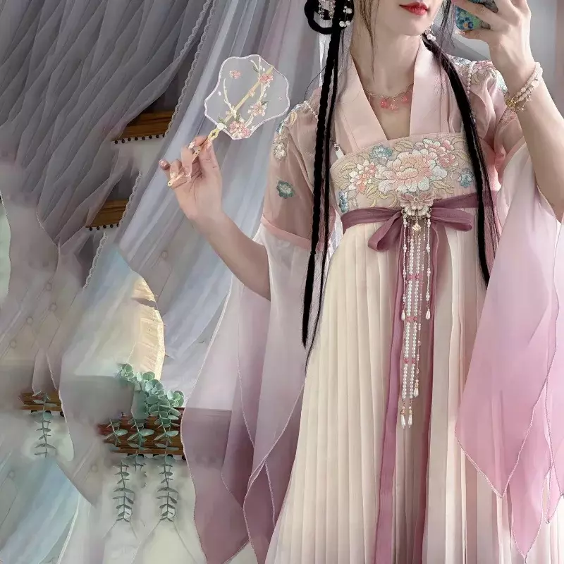 طقم فستان هانفو كلاسيكي على الطراز الصيني للنساء ، طباعة زهور أنيقة تقليدية ، فستان الأميرة ، تأثيري شرقي ، أردية الرقص المسرحي