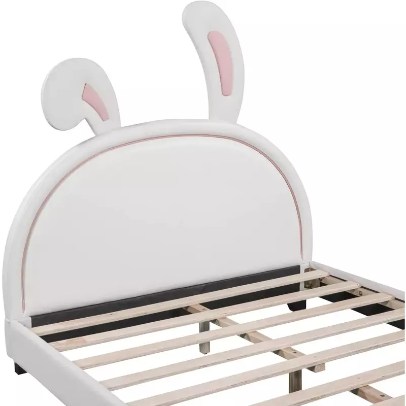Cama de tamaño completo con forma de conejo para niños, muebles de marco blanco para dormitorio infantil