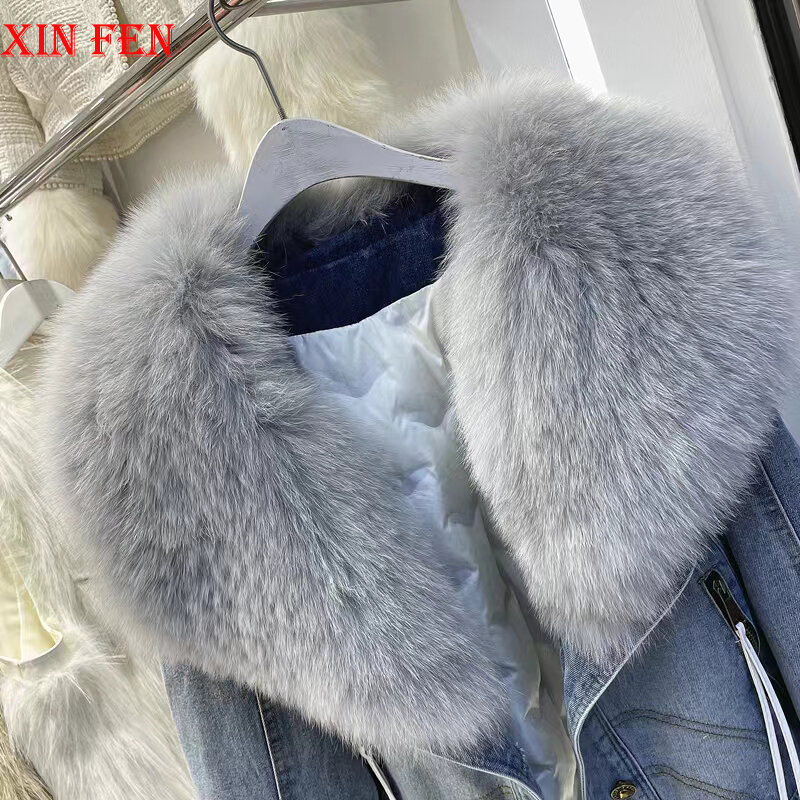 2023 Winter Women New Luxury Natural True Fox Fur Big Collar Goose Down Denim Down Jackets Short Warm Casual  Jacket Coat
