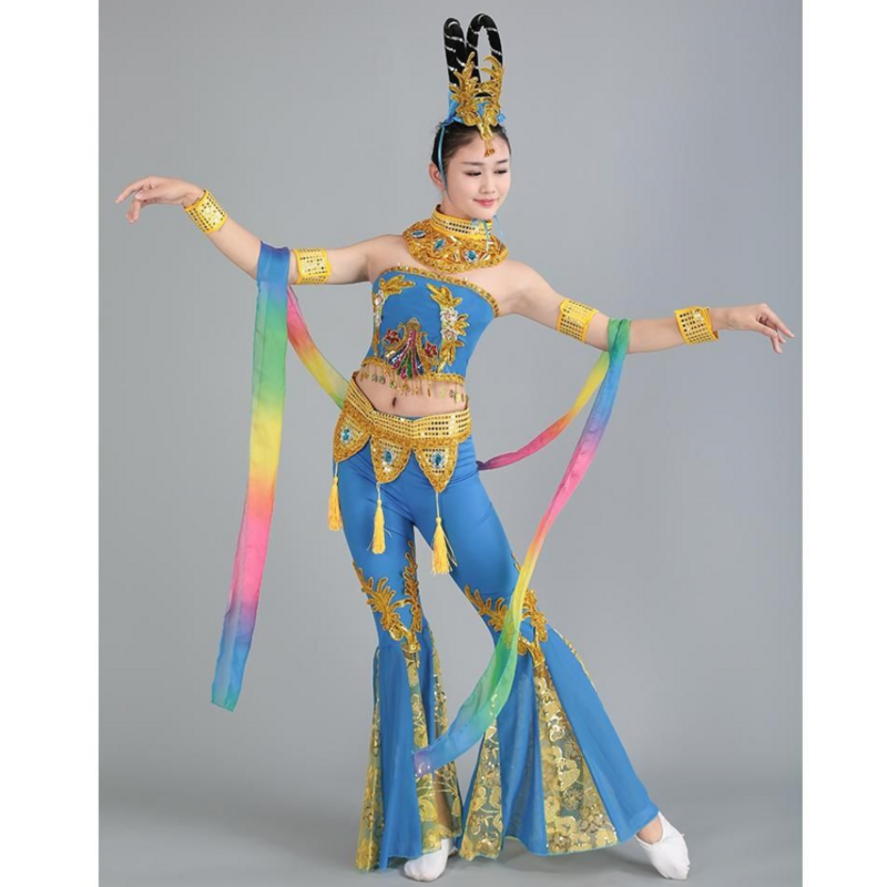 جديد Dunhuang الرقص الطائر أداء زي Pipa الكبار الأطفال الأزرق Hanfu الإناث الصينية الشعبية الرقص ازياء الرقص Dunhuang