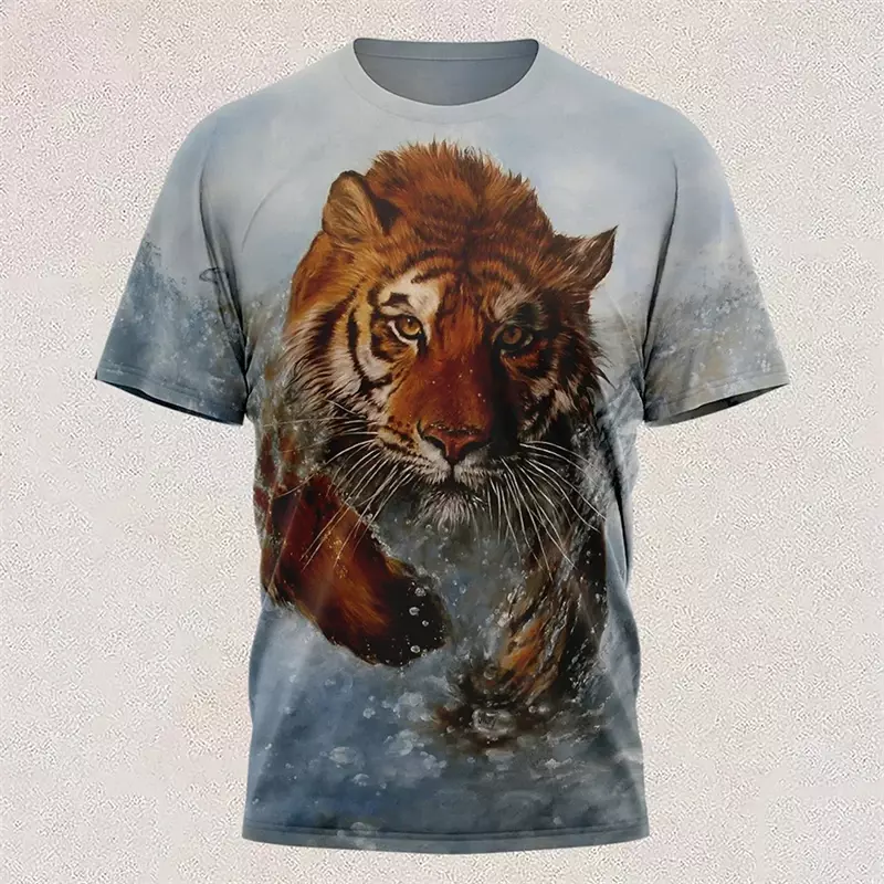 T-shirt graphique tigre coloré à manches courtes, col rond, impression 3D, vêtements respirants décontractés, nouveau, 03