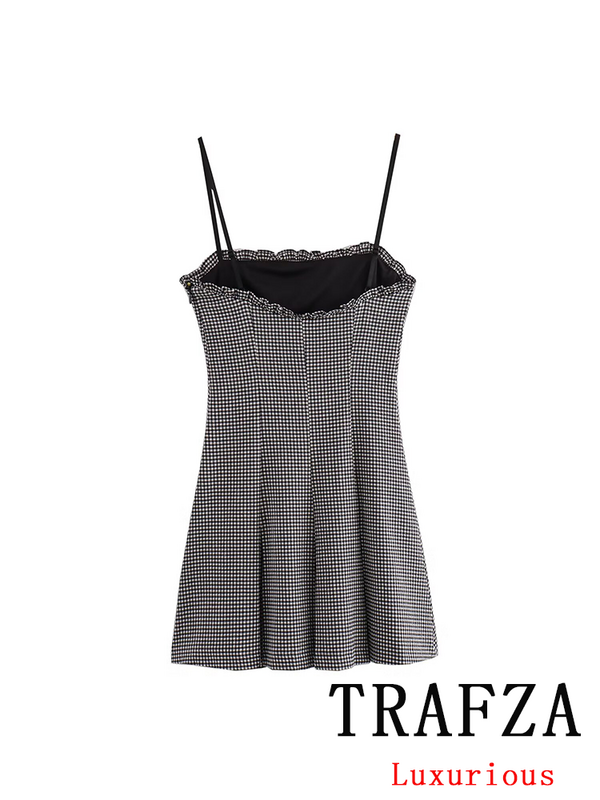 TRAFZA Vintage Casual Chic Women Dress Plaid A-Line Sleeveless Mini Dress New Fashion 2024 Summer Female Sexy Dress