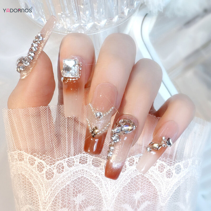 Lunga bara fatta a mano unghie finte Glitter strass indossabile stampa sulle unghie Ballerina unghie finte riutilizzabili suggerimenti per le donne 10 pezzi