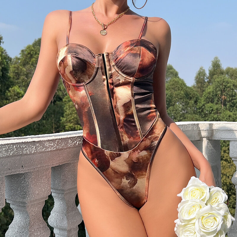 ISAROSE Vintage Summer Rompers for Women Oil Painting Printed Stretch Satin Spaghetti Straps Bra Free Front Buckle Playsuits