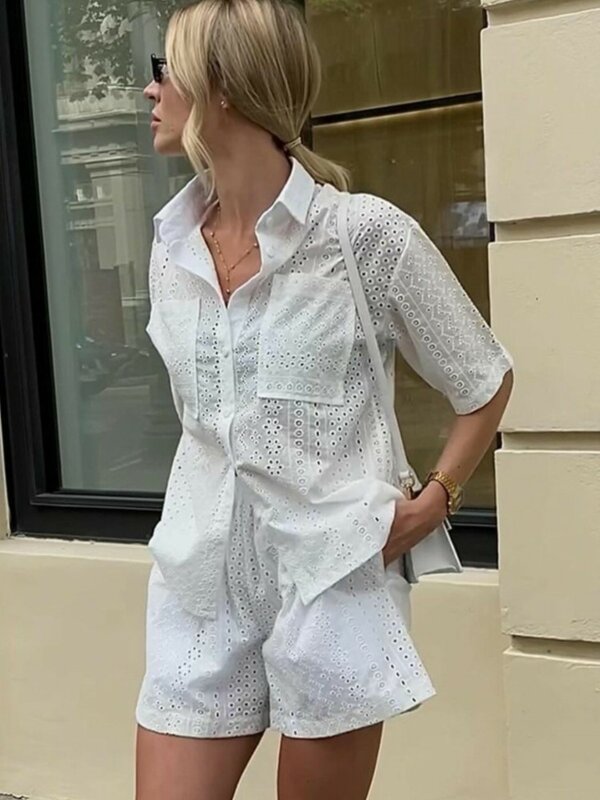 Koronka wydrążone zestawy dwuczęściowe damskie koszula z guzikami z klapami i szorty eleganckie jednolite, z kieszeniami 2024 strój na lato