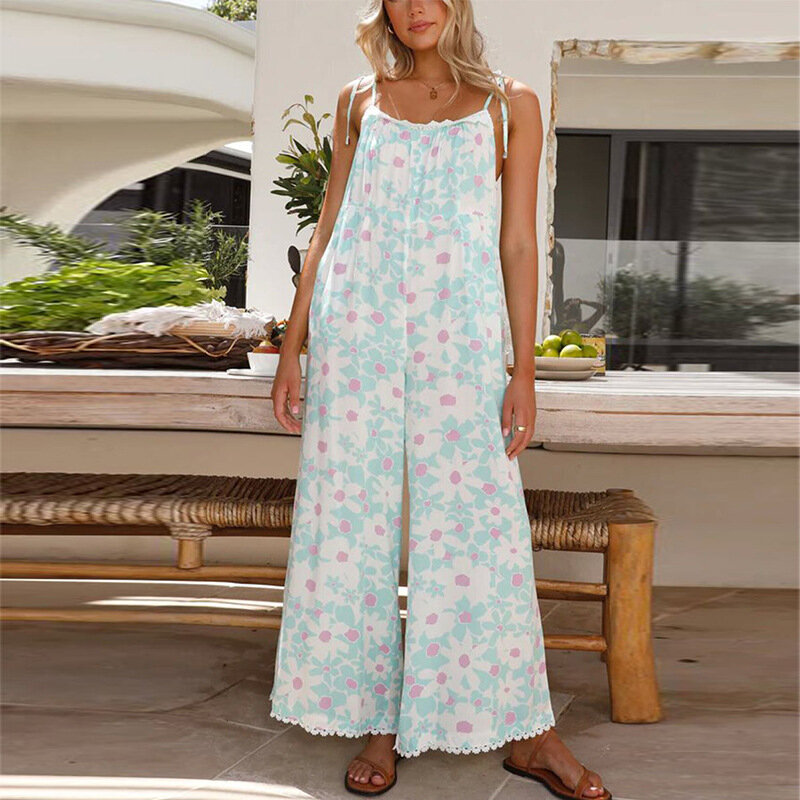 Plant&Flowers Off Shoulder Summer 2024 Women New Printing Loose Casual Contrasting Colors Comfortable Wide Legs Sling Jumpsuit