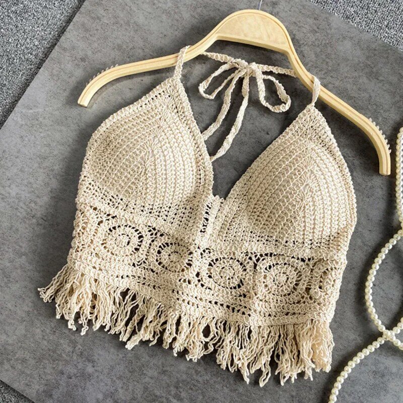 Sexy Boho Beach Holiday canotta Halter donna Crochet Knit costume da bagno reggiseno Backless Vest Hollow nappa canotta donna Crop Top