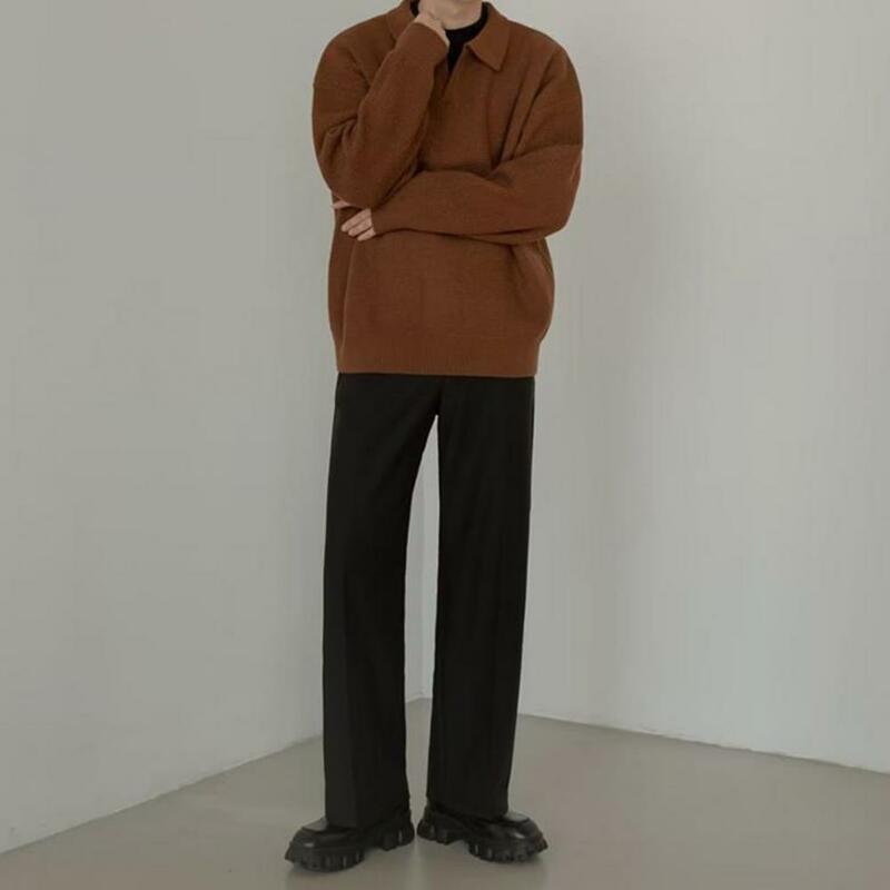 Jersey informal de punto para hombre, Jersey holgado de manga larga con solapa, Color sólido, Otoño e Invierno