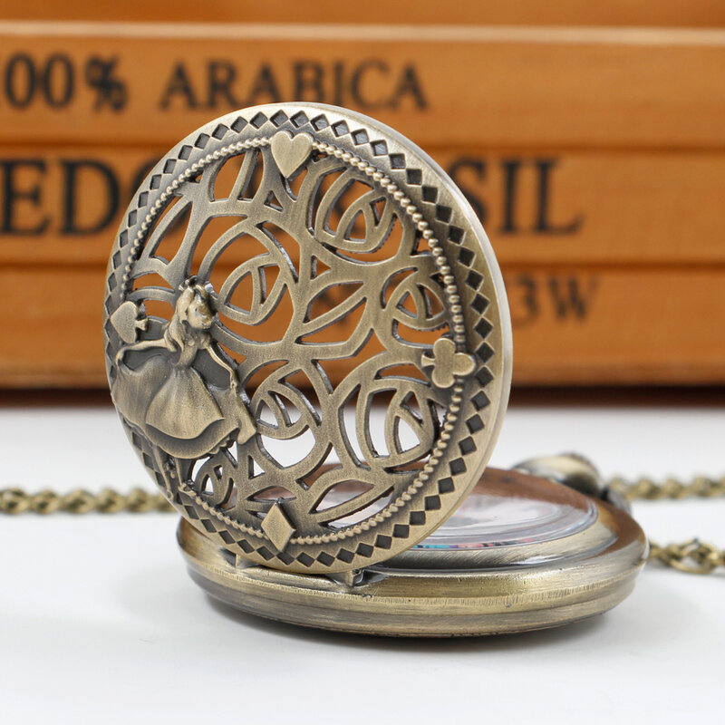 Alice Theme reloj de bolsillo de cuarzo, reloj de bolsillo con colgante de esfera redonda, pantalla de números romanos de princesa encantadora