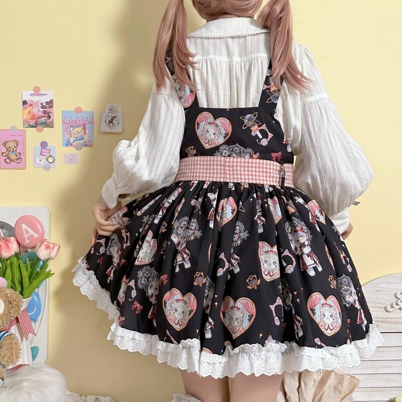 Vestido de princesa Lolita doce estilo kawaii para mulheres, arco bonito, impressão do gato dos desenhos animados, pulseira de amor, vestido de festa