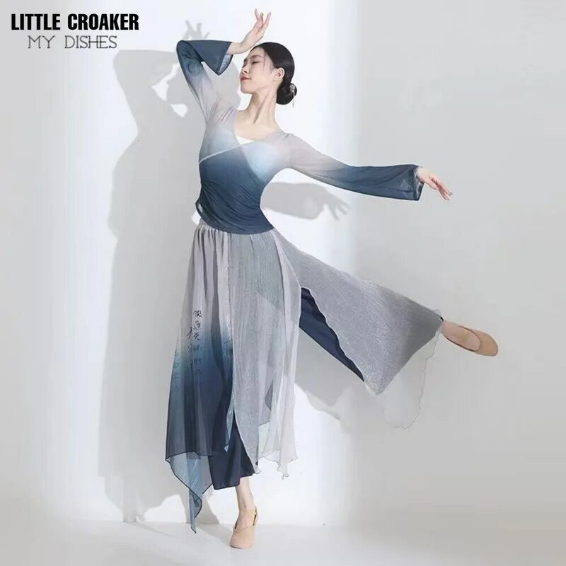 Kostum pakaian tari celana rok cetak + atasan Hanfu kain kasa gaya Cina latihan dansa klasik