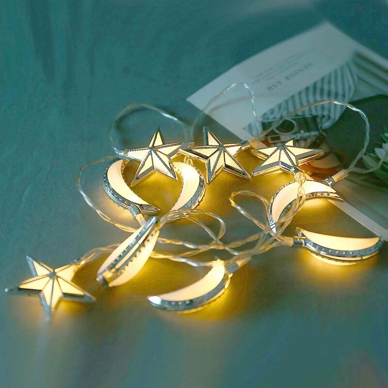 Eid Mubarak Star Moon String Light, Alimentado por Bateria, Decoração Ramadan para Casa, Decoração do Partido Islâmico Muçulmano, 10 LEDs, 1,5 m, 2024