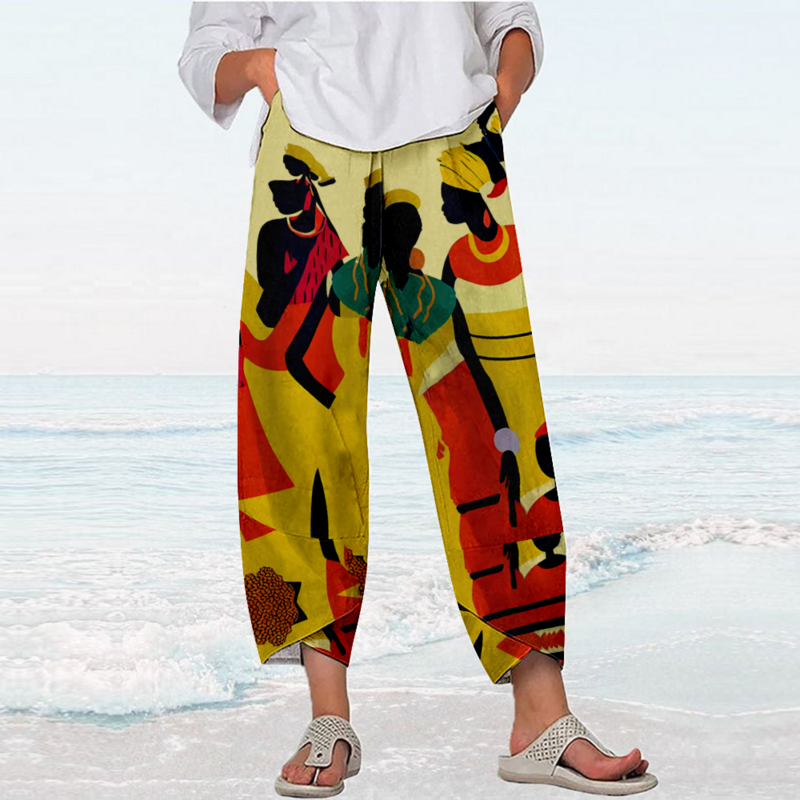 Summer Retro African Face Print Pants Streetwear Women Y2k Pants Vintage Beach Trousers Pockets Loose Capri Elegant Pantalon