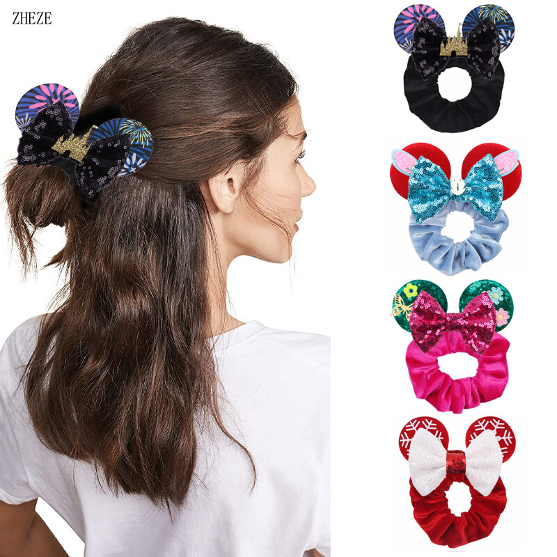 Velvet Hair Scrunchies para meninas, Castle Fireworks Mouse Ears, Ponytail Rope, Elastic Hairband, acessórios para cabelo, Natal, novo, 2024