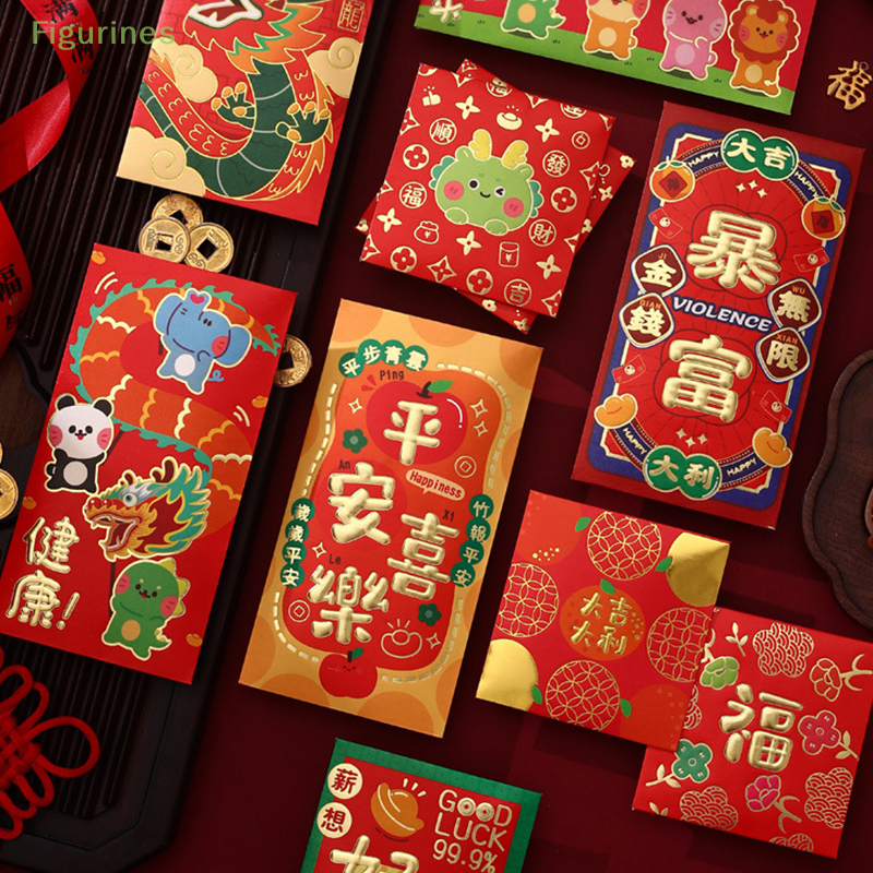 Paquete de 6 piezas de Año Nuevo, sobre rojo con patrón de dragón, bolsa de dinero de la suerte, bolsas de dinero, embalaje DIY, bolsillo de dinero de los mejores deseos, 2024