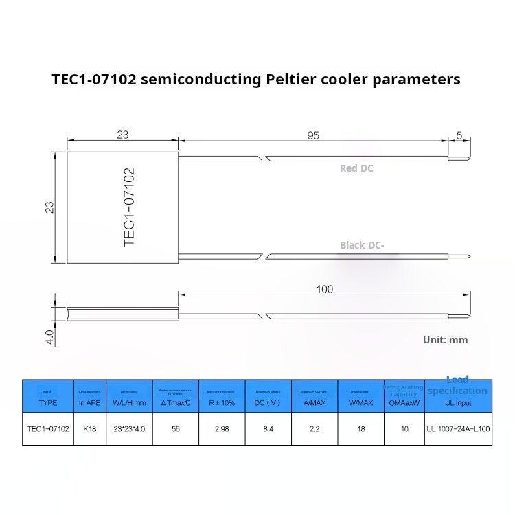 Semiconducting Peltier Cooler, radiador USB do telefone móvel, suporta baixa potência, Tec1-07102, 23x23x4.0mm