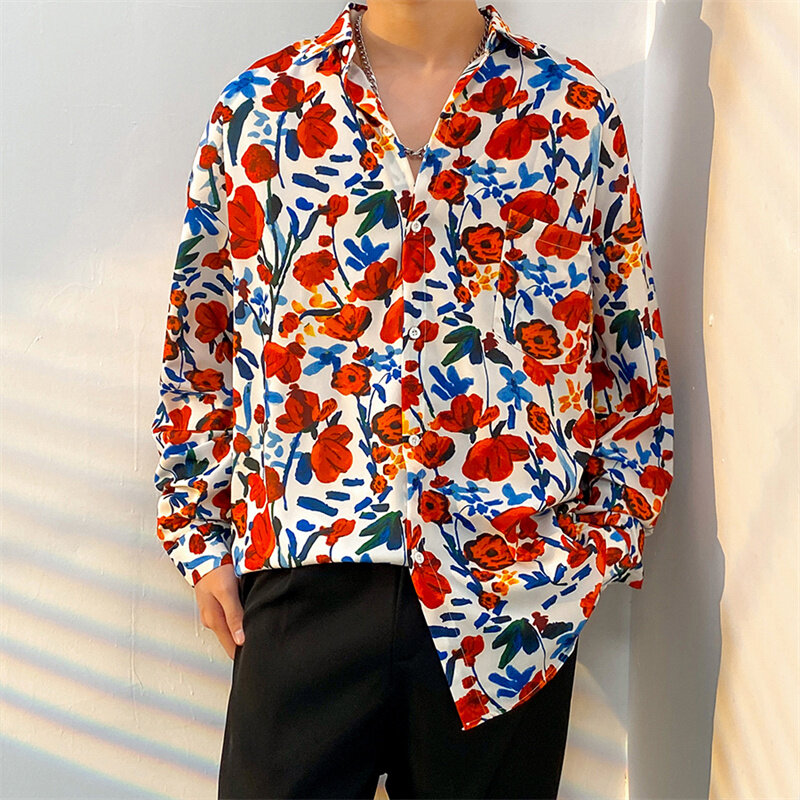 Camisa floral de manga longa masculina, jaqueta extragrande, encaixe solto, bonito, versátil, estampada retrô, moda primavera, outono