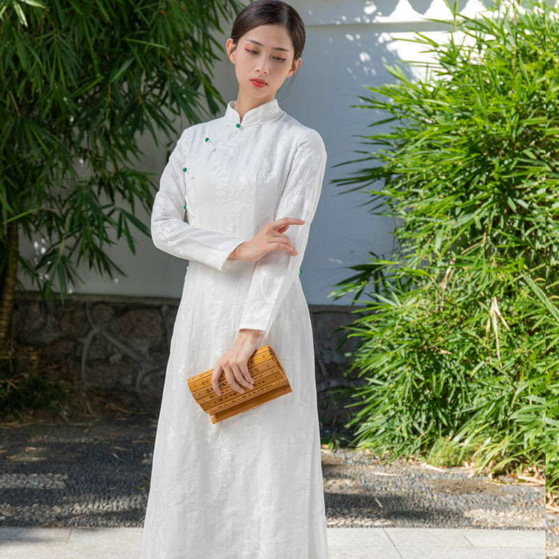 Tang kleid im chinesischen stil besticktes lang ärmel iges kleid elegantes temperament zen tee ao dai kleid frauen anmutiges cheong sam