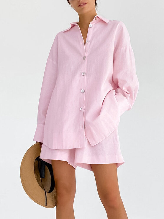 Fato doméstico de linho de algodão feminino, shorts largos com camisas, roupa de treino casual, pijama rosa, novo, primavera de 2021, 2 peças