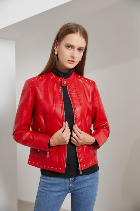 2024 new rivet fashion stand collar leather clothes women's s s-5xl solid color leisure jacket women's spring and autumn Jacket