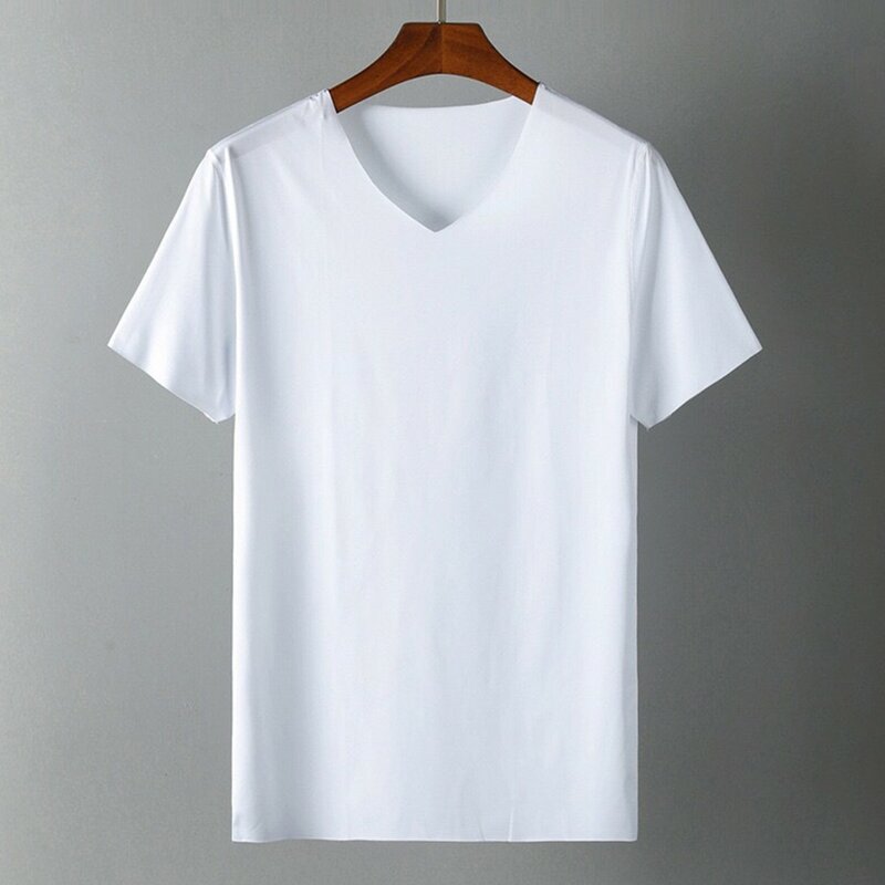 Camiseta masculina de musculação com decote em v, tops slim fit, mangas curtas, fina, transparente, seda gelada, sólida, secagem rápida, sexy, Japão, masculino