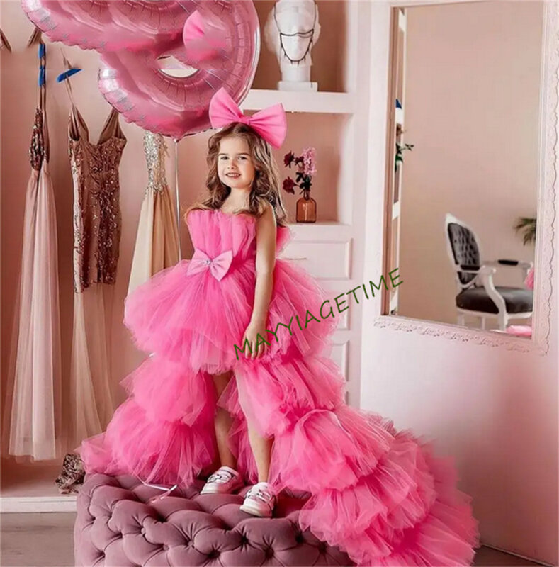 Puffy Hi-Low Girl Dress Glitter Boat Neck Short Flower Girl Dresses Cute Baby Girl Dress Princess Dress First comunione Dress