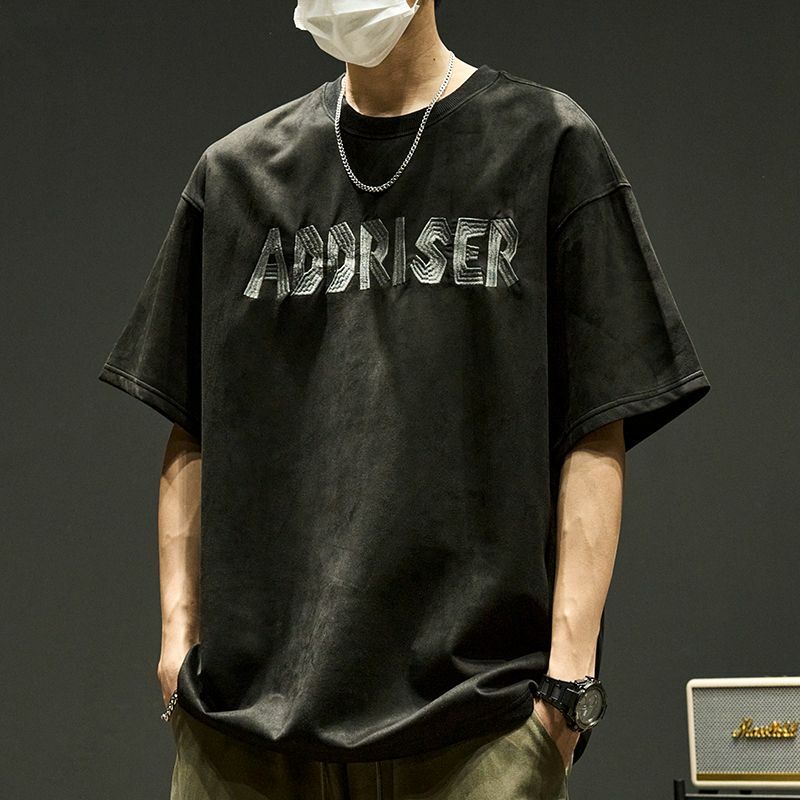 Camiseta de gamuza fina coreana para hombre, camisa de manga corta, versátil, informal, retro, diseño bordado de letras americanas ins, marca de moda