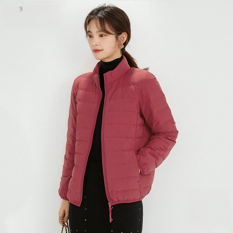 여성용 경량 스탠드 칼라 다운 재킷, 따뜻한 휴대용 퍼퍼 재킷, 초경량 90% 화이트 덕 다운 코트, 2023 가을 겨울