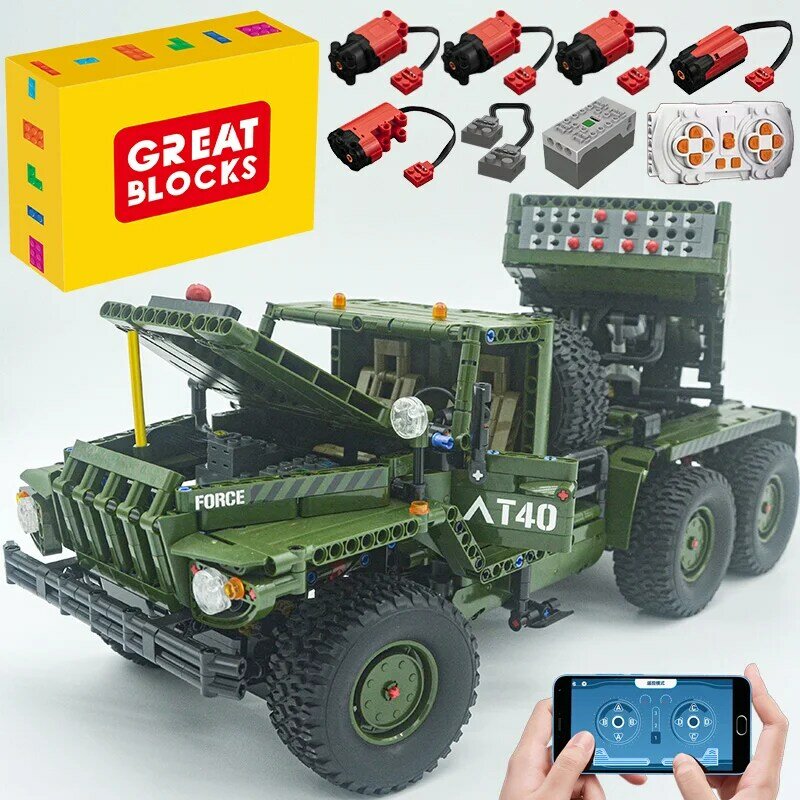 T4011 Technische Auto Moter Power App Afstandsbediening Katyusha Rocket Launcher Bricks Bouwstenen Speelgoed Militaire Bouw