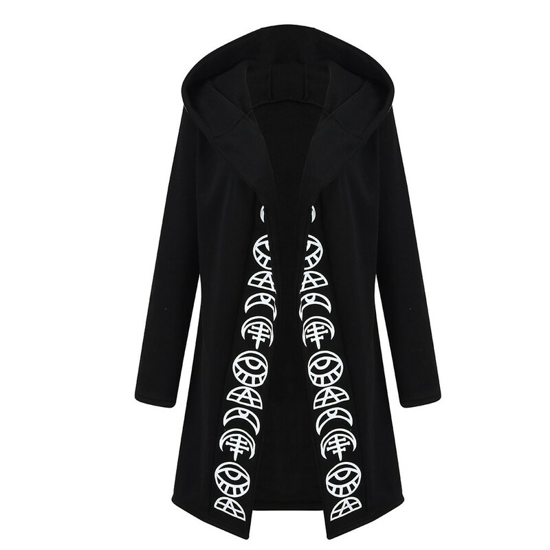 Женская флисовая куртка на подкладке, длинная куртка с рукавом, женское черное пальто большого размера в стиле панк с Луной, женский кардиган с капюшоном и принтом