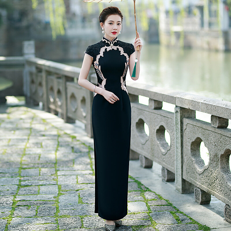 女性の半袖刺embroideredチャイナドレス、サテンイブニングドレス、プロムパーティードレス、中国の伝統的なヴィンテージ、高分割