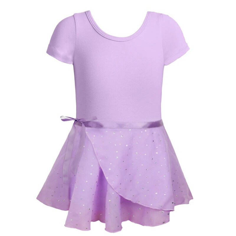 Leotard senam balita populer untuk anak perempuan pakaian dansa lengan pendek dengan rok gaun balet balerina