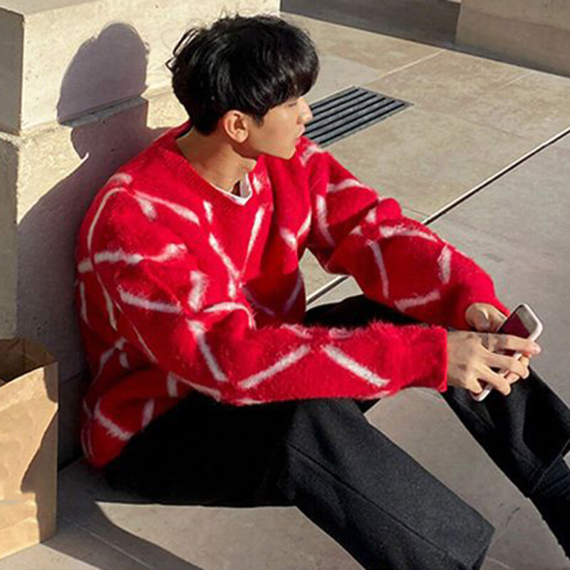 Мужской пуловер в клетку со стразами, винтажный теплый свитер в Корейском стиле, плотный вязаный Повседневный свитер для зимы